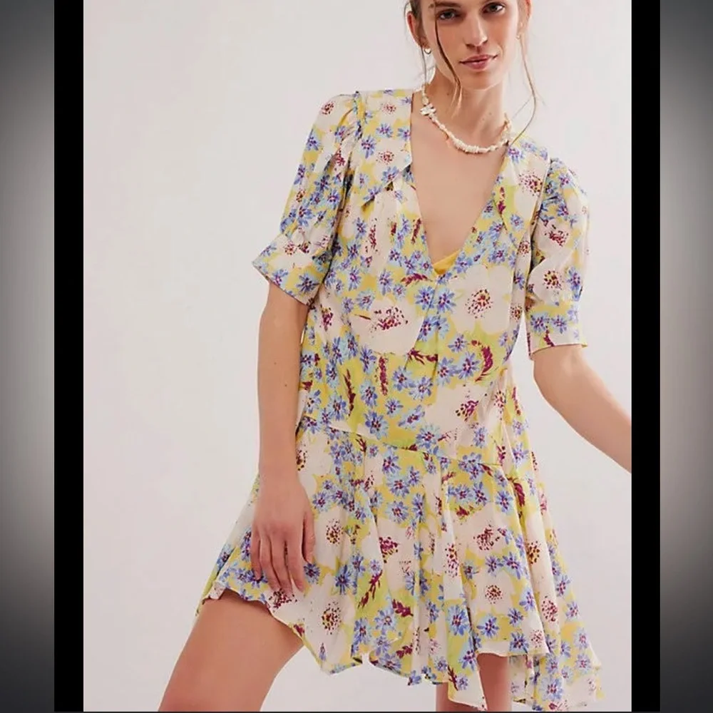 Free People Sugar Crush V-neck Puff Sleeve Floral Mini Dress small